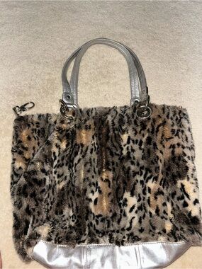 b. makowsky Leopard Faux Fur Tote with Silver Handles